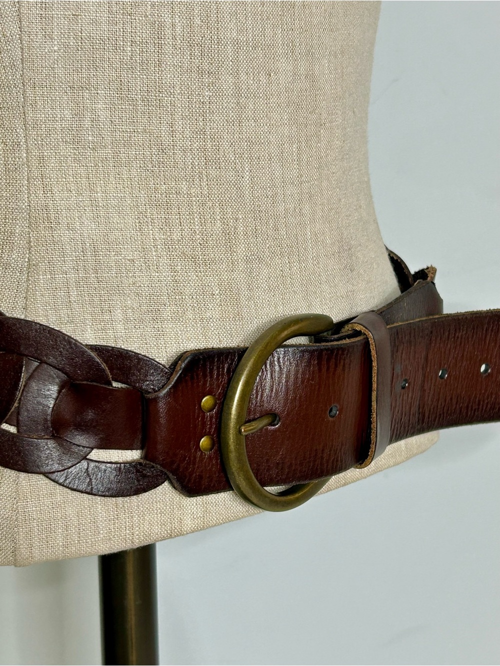 American Eagle Brown Leather Boho Woven Belt Brass Buckle ~40” Long - Picture 3 of 13